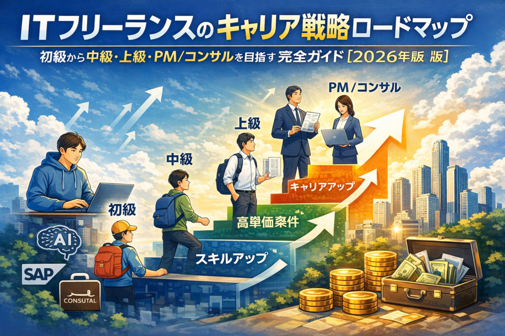 ITフリーランスのキャリア戦略ロードマップを表したイメージ画像。初級から中級・上級を経てPM・コンサルを目指す成長ステップを表現