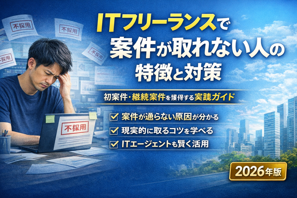ITフリーランスで案件が取れない人の特徴と対策 ITフリーランスで案件が取れない人の特徴と対策を解説したイメージ画像。初案件と継続案件を獲得する実践ポイントを表現