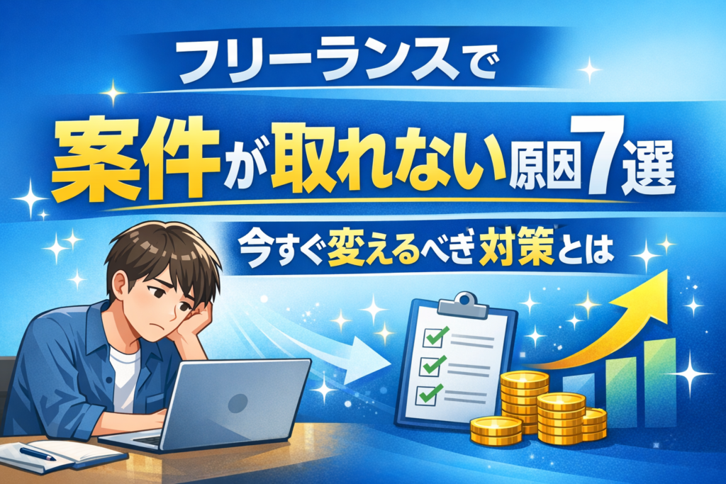 フリーランスで案件が取れない原因7選 フリーランスで案件が取れない原因7選と今すぐ変えるべき対策を解説するPinterest用画像