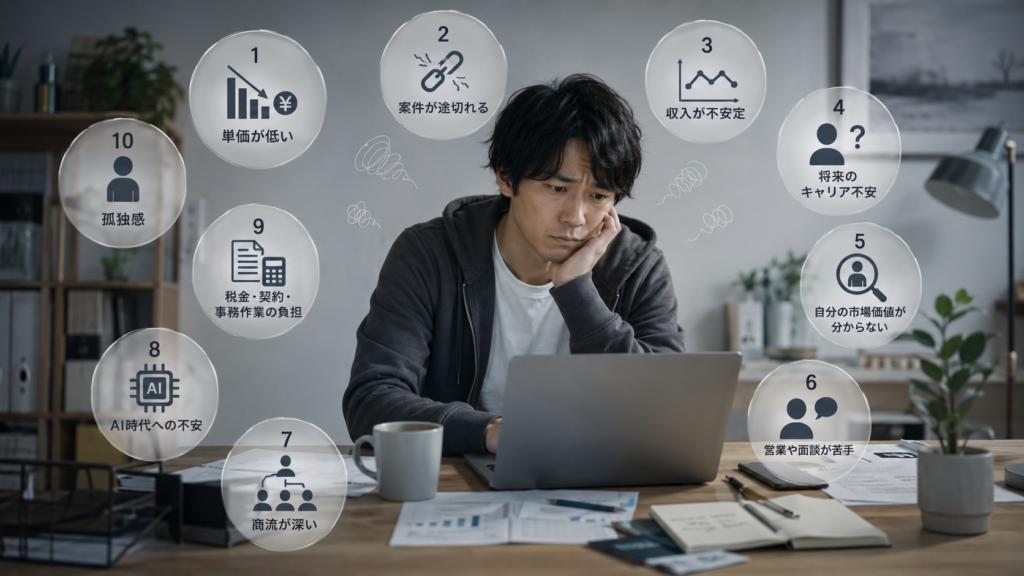 10ケの不安でさえない表情のフリーランス